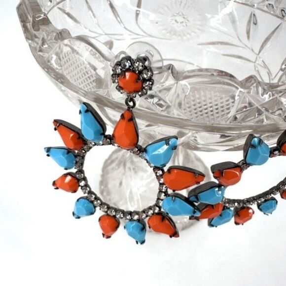 Kenneth Jay Lane Womens Large Circle Crystal Drop Dangle Earring Turquoise Coral - Picture 10 of 12